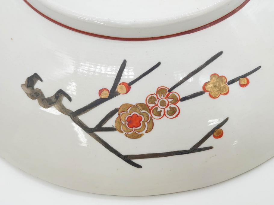九谷焼　石盛堂　赤絵　金彩　青粒　山水文　約40cm　1尺3寸　緻密に描かれたデザインが見事な大皿(楼閣図、風景、山、滝、海、船、舟、松、尺皿、和食器、和皿、一尺三寸、共箱付き、皿立付き)(R-079145)