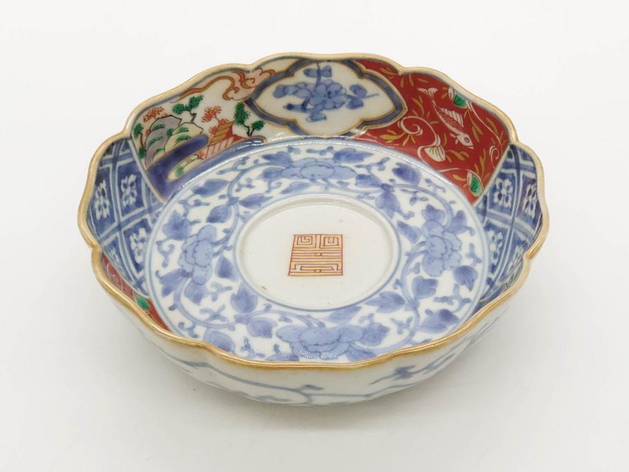 江戸期　上手物　成化年製　古伊万里　色絵　染付　約14cm　4.7寸　丹念に描かれた絵付から匠の技を感じるなます皿3枚セット(金彩、唐草、風景、牡丹、梅、魚、花、変形皿、小皿、和食器、和皿、深皿、輪花型、四寸七分)(R-079148)