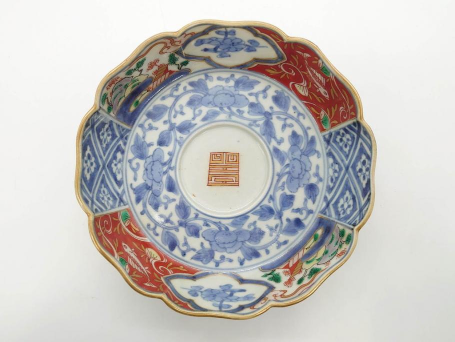 江戸期　上手物　成化年製　古伊万里　色絵　染付　約14cm　4.7寸　丹念に描かれた絵付から匠の技を感じるなます皿3枚セット(金彩、唐草、風景、牡丹、梅、魚、花、変形皿、小皿、和食器、和皿、深皿、輪花型、四寸七分)(R-079148)
