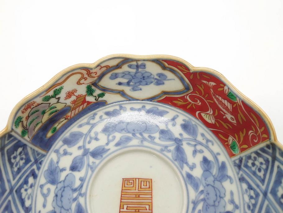 江戸期　上手物　成化年製　古伊万里　色絵　染付　約14cm　4.7寸　丹念に描かれた絵付から匠の技を感じるなます皿3枚セット(金彩、唐草、風景、牡丹、梅、魚、花、変形皿、小皿、和食器、和皿、深皿、輪花型、四寸七分)(R-079148)
