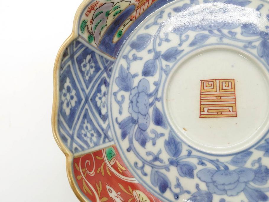 江戸期　上手物　成化年製　古伊万里　色絵　染付　約14cm　4.7寸　丹念に描かれた絵付から匠の技を感じるなます皿3枚セット(金彩、唐草、風景、牡丹、梅、魚、花、変形皿、小皿、和食器、和皿、深皿、輪花型、四寸七分)(R-079148)