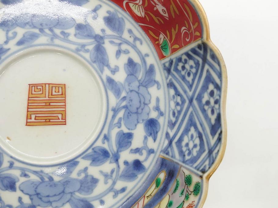 江戸期　上手物　成化年製　古伊万里　色絵　染付　約14cm　4.7寸　丹念に描かれた絵付から匠の技を感じるなます皿3枚セット(金彩、唐草、風景、牡丹、梅、魚、花、変形皿、小皿、和食器、和皿、深皿、輪花型、四寸七分)(R-079148)