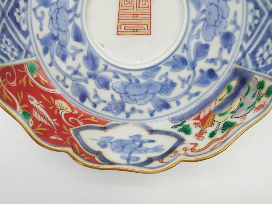 江戸期　上手物　成化年製　古伊万里　色絵　染付　約14cm　4.7寸　丹念に描かれた絵付から匠の技を感じるなます皿3枚セット(金彩、唐草、風景、牡丹、梅、魚、花、変形皿、小皿、和食器、和皿、深皿、輪花型、四寸七分)(R-079148)