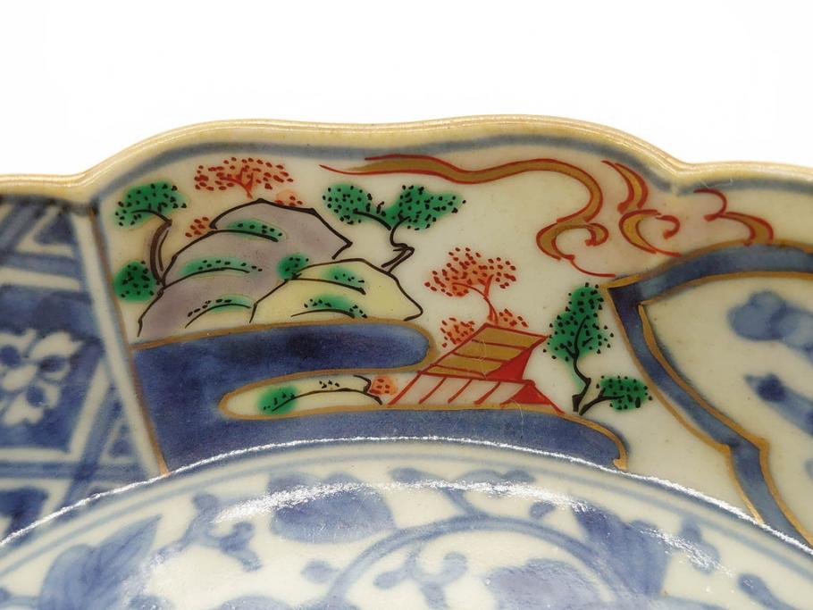 江戸期　上手物　成化年製　古伊万里　色絵　染付　約14cm　4.7寸　丹念に描かれた絵付から匠の技を感じるなます皿3枚セット(金彩、唐草、風景、牡丹、梅、魚、花、変形皿、小皿、和食器、和皿、深皿、輪花型、四寸七分)(R-079148)