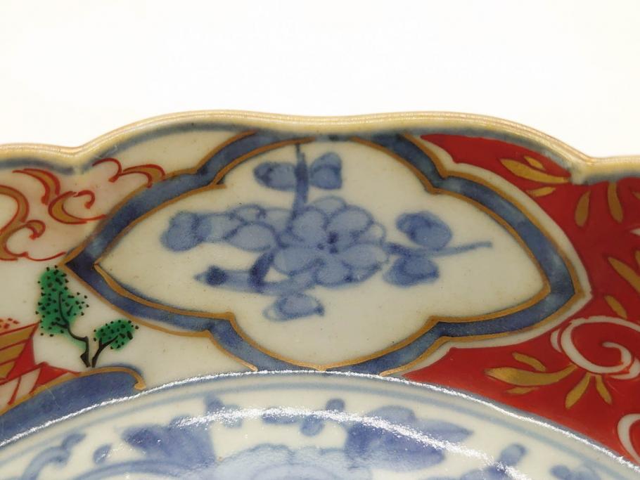 江戸期　上手物　成化年製　古伊万里　色絵　染付　約14cm　4.7寸　丹念に描かれた絵付から匠の技を感じるなます皿3枚セット(金彩、唐草、風景、牡丹、梅、魚、花、変形皿、小皿、和食器、和皿、深皿、輪花型、四寸七分)(R-079148)