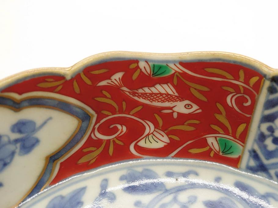 江戸期　上手物　成化年製　古伊万里　色絵　染付　約14cm　4.7寸　丹念に描かれた絵付から匠の技を感じるなます皿3枚セット(金彩、唐草、風景、牡丹、梅、魚、花、変形皿、小皿、和食器、和皿、深皿、輪花型、四寸七分)(R-079148)