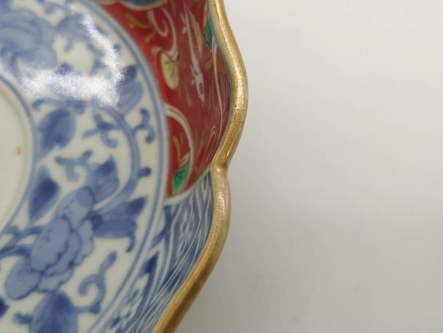 江戸期　上手物　成化年製　古伊万里　色絵　染付　約14cm　4.7寸　丹念に描かれた絵付から匠の技を感じるなます皿3枚セット(金彩、唐草、風景、牡丹、梅、魚、花、変形皿、小皿、和食器、和皿、深皿、輪花型、四寸七分)(R-079148)