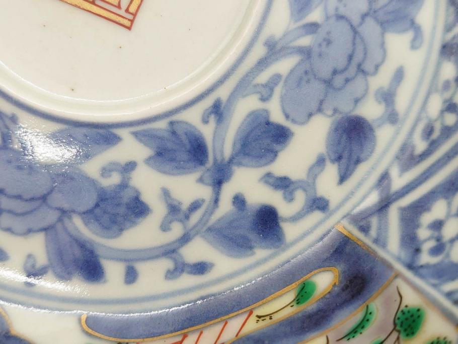 江戸期　上手物　成化年製　古伊万里　色絵　染付　約14cm　4.7寸　丹念に描かれた絵付から匠の技を感じるなます皿3枚セット(金彩、唐草、風景、牡丹、梅、魚、花、変形皿、小皿、和食器、和皿、深皿、輪花型、四寸七分)(R-079148)