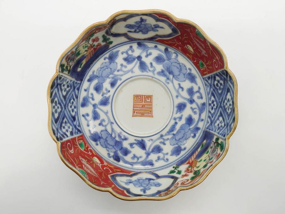 江戸期　上手物　成化年製　古伊万里　色絵　染付　約14cm　4.7寸　丹念に描かれた絵付から匠の技を感じるなます皿3枚セット(金彩、唐草、風景、牡丹、梅、魚、花、変形皿、小皿、和食器、和皿、深皿、輪花型、四寸七分)(R-079148)