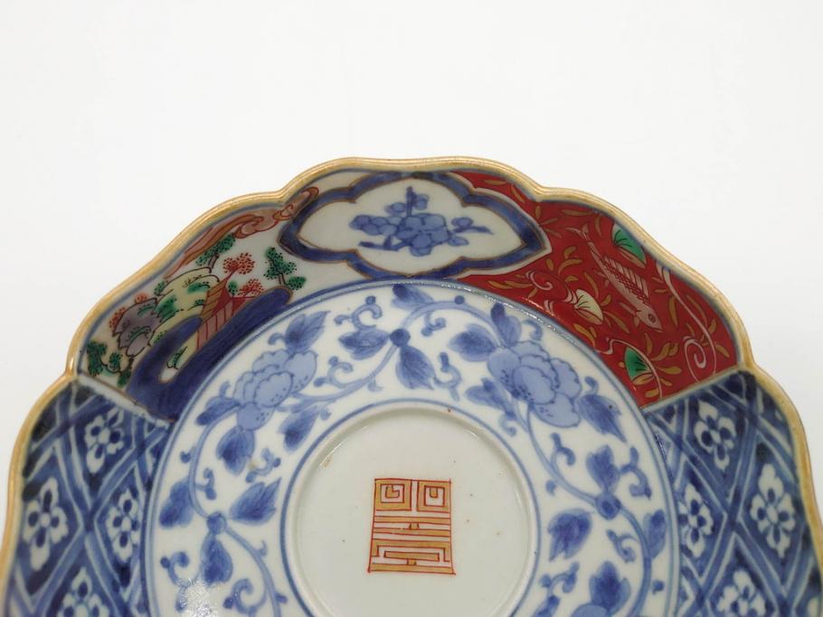 江戸期　上手物　成化年製　古伊万里　色絵　染付　約14cm　4.7寸　丹念に描かれた絵付から匠の技を感じるなます皿3枚セット(金彩、唐草、風景、牡丹、梅、魚、花、変形皿、小皿、和食器、和皿、深皿、輪花型、四寸七分)(R-079148)