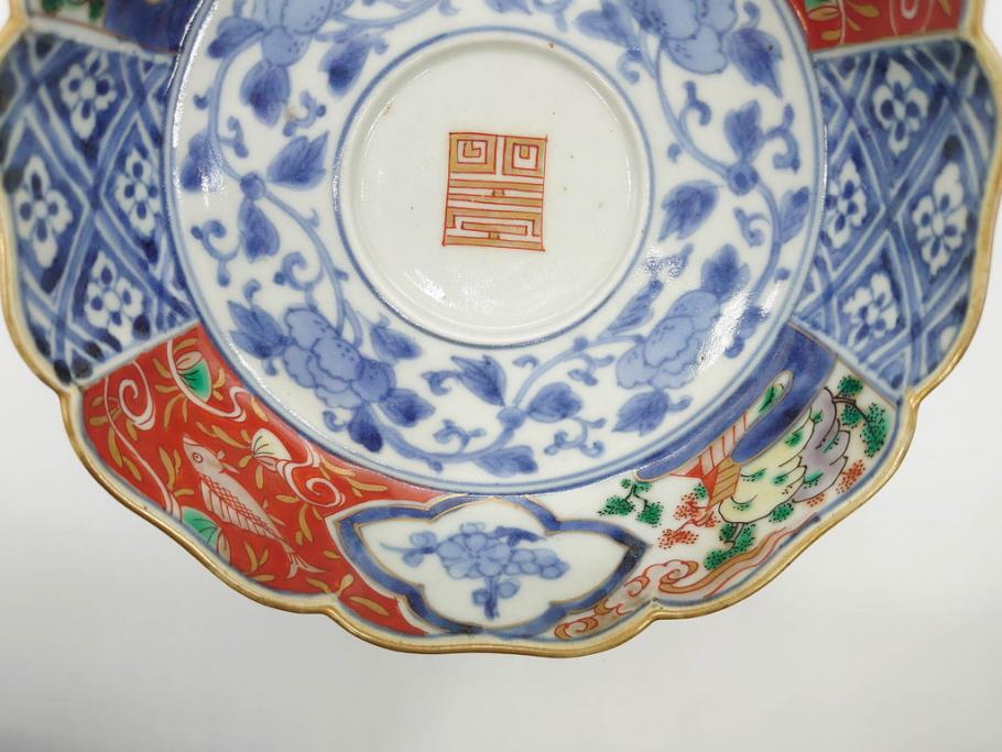 江戸期　上手物　成化年製　古伊万里　色絵　染付　約14cm　4.7寸　丹念に描かれた絵付から匠の技を感じるなます皿3枚セット(金彩、唐草、風景、牡丹、梅、魚、花、変形皿、小皿、和食器、和皿、深皿、輪花型、四寸七分)(R-079148)