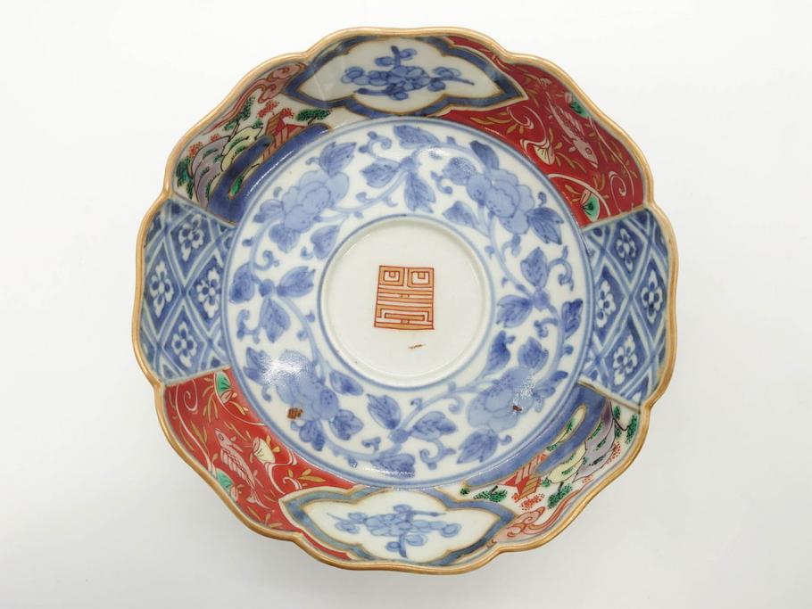 江戸期　上手物　成化年製　古伊万里　色絵　染付　約14cm　4.7寸　丹念に描かれた絵付から匠の技を感じるなます皿3枚セット(金彩、唐草、風景、牡丹、梅、魚、花、変形皿、小皿、和食器、和皿、深皿、輪花型、四寸七分)(R-079148)