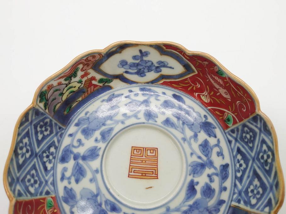 江戸期　上手物　成化年製　古伊万里　色絵　染付　約14cm　4.7寸　丹念に描かれた絵付から匠の技を感じるなます皿3枚セット(金彩、唐草、風景、牡丹、梅、魚、花、変形皿、小皿、和食器、和皿、深皿、輪花型、四寸七分)(R-079148)