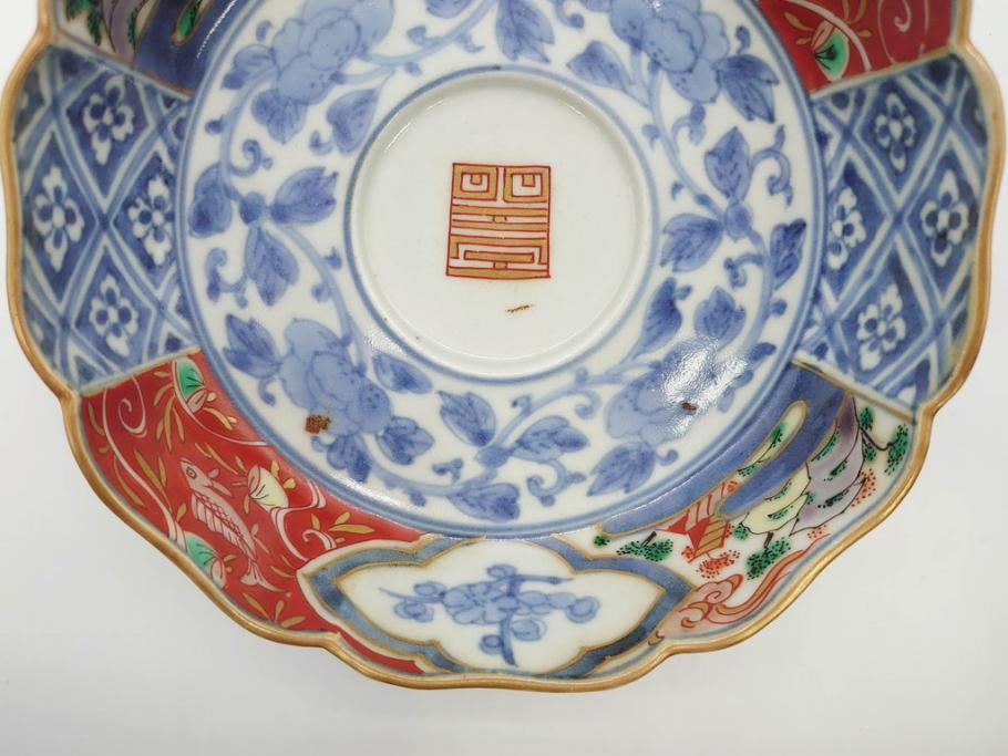 江戸期　上手物　成化年製　古伊万里　色絵　染付　約14cm　4.7寸　丹念に描かれた絵付から匠の技を感じるなます皿3枚セット(金彩、唐草、風景、牡丹、梅、魚、花、変形皿、小皿、和食器、和皿、深皿、輪花型、四寸七分)(R-079148)