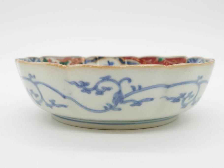 江戸期　上手物　成化年製　古伊万里　色絵　染付　約14cm　4.7寸　丹念に描かれた絵付から匠の技を感じるなます皿3枚セット(金彩、唐草、風景、牡丹、梅、魚、花、変形皿、小皿、和食器、和皿、深皿、輪花型、四寸七分)(R-079148)