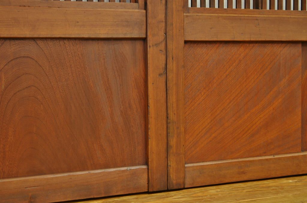 古民具　骨董　古い木の絵模様ガラス格子戸3枚セット(裏障子付き)