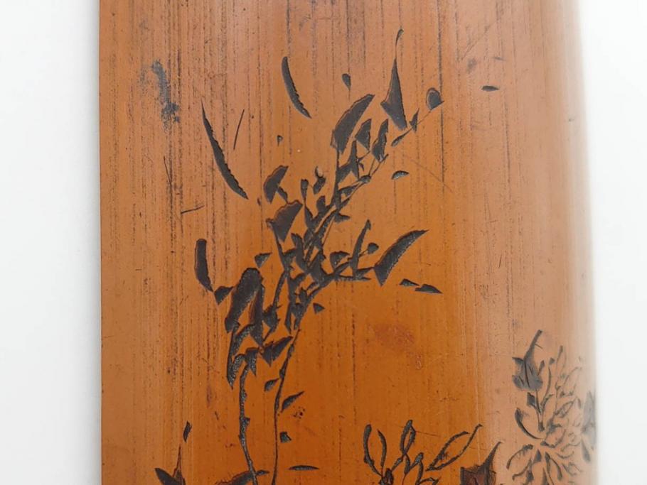 時代物　彫刻　繊細な彫りが魅力の茶合(花瓶の図、茶道具、煎茶道具、茶器、茶量、茶則、茶計、仙媒、茶媒、竹工芸)(R-079151)　
