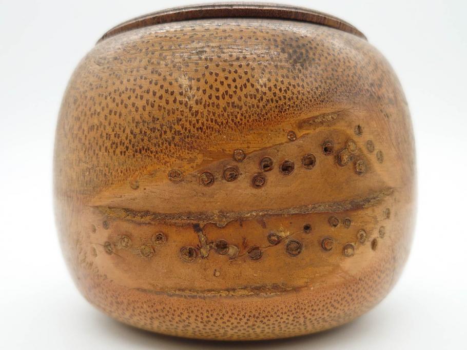 時代物　竹製　木目を生かしたデザインが目を引く碁笥(中国?、唐物?、囲碁)(R-079173)