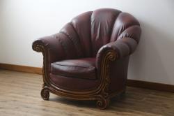 中古　イタリア高級家具　本革　貝殻のようなシェルバックのデザインがお洒落な1人掛けレザーソファ(ラウンジチェア、アームソファ、一人掛けソファ、パーソナルチェア)(R-067770)