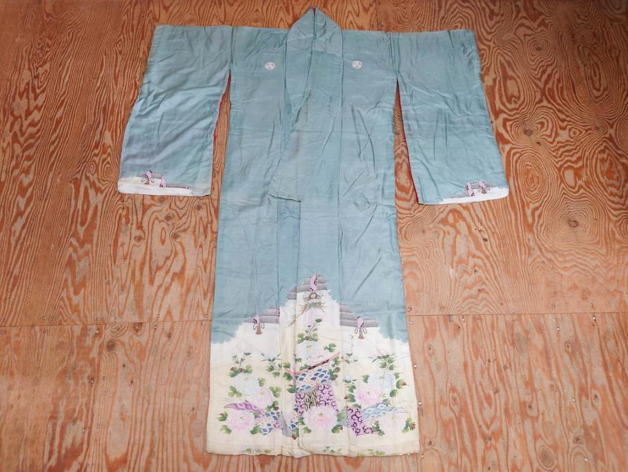アンティーク　明治～大正期　正絹　着物(古布、リメイク、衣装、和服、和装、女性、丸に三つ柏、家紋、御簾、几帳、牡丹、菊、扇子、花、シルク、日本、ジャパン、Japanese KIMONO)(R-079177)