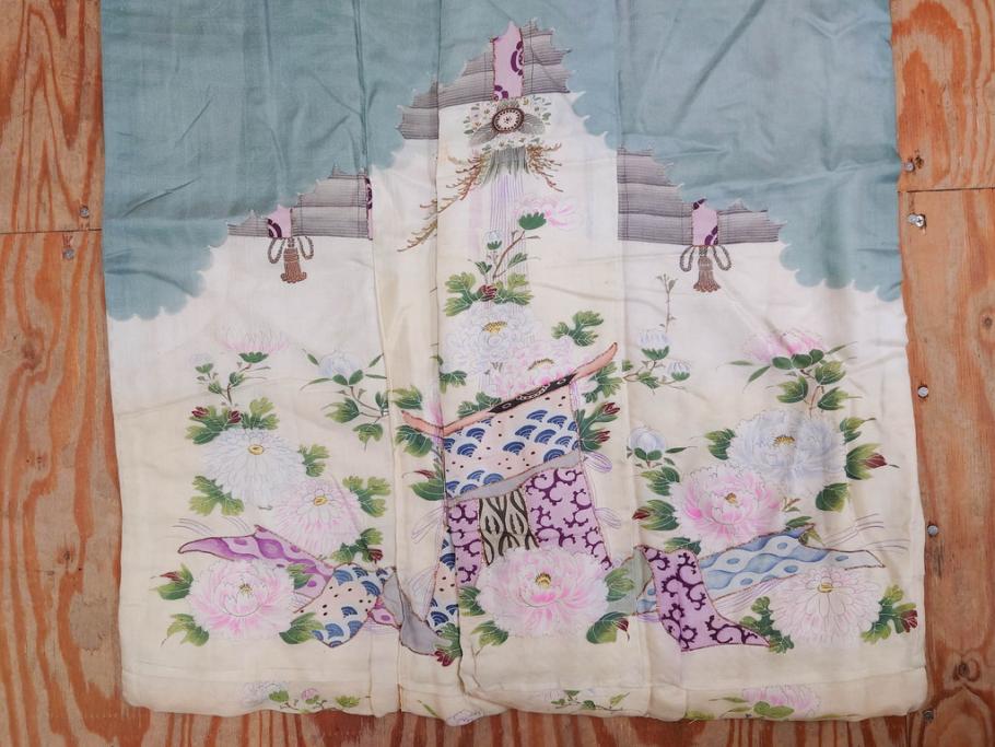アンティーク　明治～大正期　正絹　着物(古布、リメイク、衣装、和服、和装、女性、丸に三つ柏、家紋、御簾、几帳、牡丹、菊、扇子、花、シルク、日本、ジャパン、Japanese KIMONO)(R-079177)
