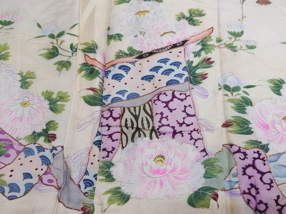 アンティーク　明治～大正期　正絹　着物(古布、リメイク、衣装、和服、和装、女性、丸に三つ柏、家紋、御簾、几帳、牡丹、菊、扇子、花、シルク、日本、ジャパン、Japanese KIMONO)(R-079177)
