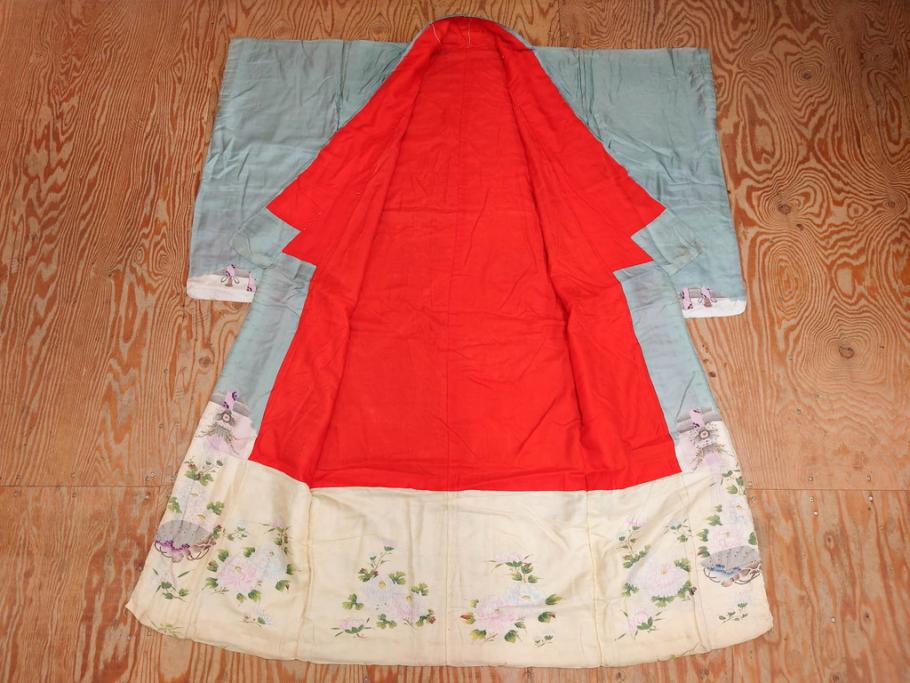 アンティーク　明治～大正期　正絹　着物(古布、リメイク、衣装、和服、和装、女性、丸に三つ柏、家紋、御簾、几帳、牡丹、菊、扇子、花、シルク、日本、ジャパン、Japanese KIMONO)(R-079177)