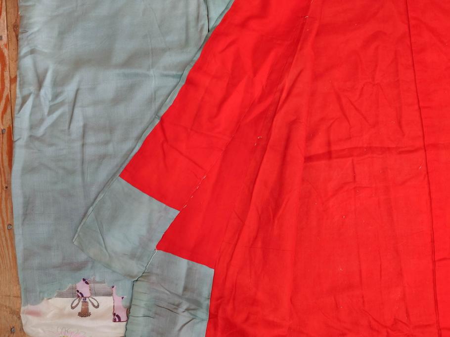 アンティーク　明治～大正期　正絹　着物(古布、リメイク、衣装、和服、和装、女性、丸に三つ柏、家紋、御簾、几帳、牡丹、菊、扇子、花、シルク、日本、ジャパン、Japanese KIMONO)(R-079177)