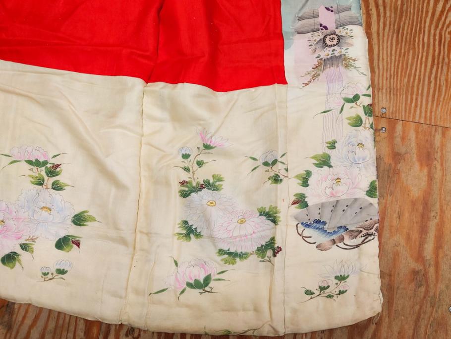 アンティーク　明治～大正期　正絹　着物(古布、リメイク、衣装、和服、和装、女性、丸に三つ柏、家紋、御簾、几帳、牡丹、菊、扇子、花、シルク、日本、ジャパン、Japanese KIMONO)(R-079177)