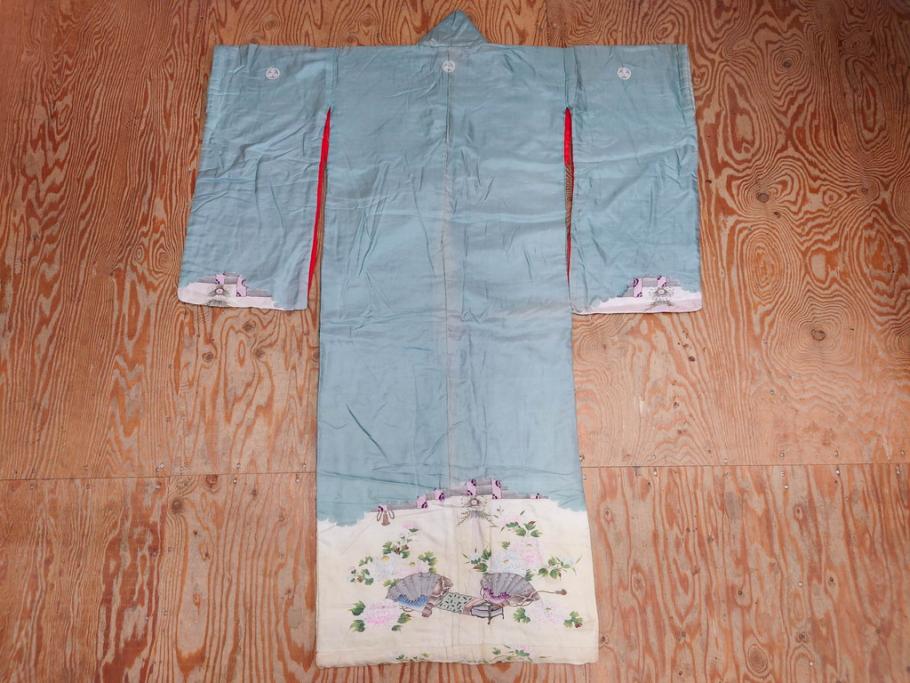 アンティーク　明治～大正期　正絹　着物(古布、リメイク、衣装、和服、和装、女性、丸に三つ柏、家紋、御簾、几帳、牡丹、菊、扇子、花、シルク、日本、ジャパン、Japanese KIMONO)(R-079177)
