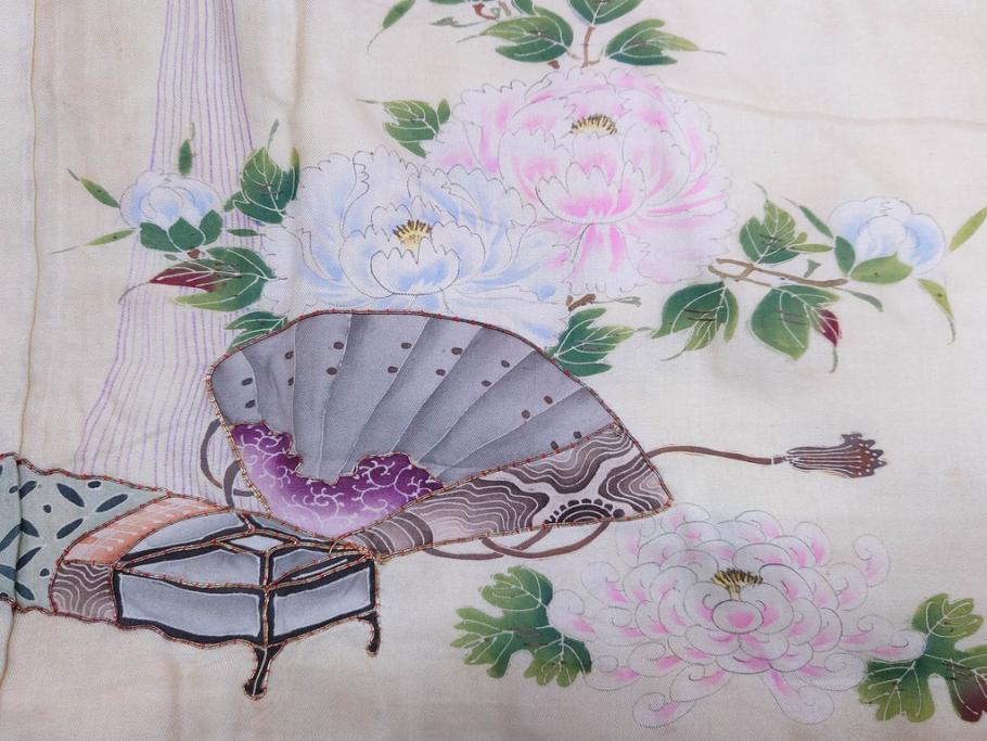アンティーク　明治～大正期　正絹　着物(古布、リメイク、衣装、和服、和装、女性、丸に三つ柏、家紋、御簾、几帳、牡丹、菊、扇子、花、シルク、日本、ジャパン、Japanese KIMONO)(R-079177)