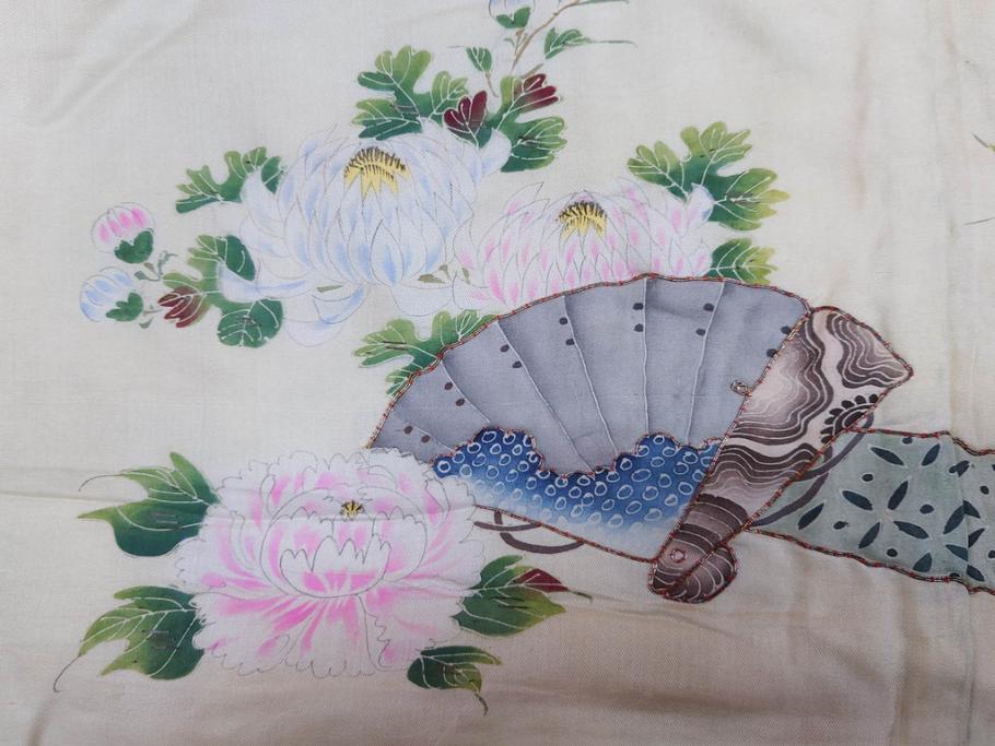 アンティーク　明治～大正期　正絹　着物(古布、リメイク、衣装、和服、和装、女性、丸に三つ柏、家紋、御簾、几帳、牡丹、菊、扇子、花、シルク、日本、ジャパン、Japanese KIMONO)(R-079177)