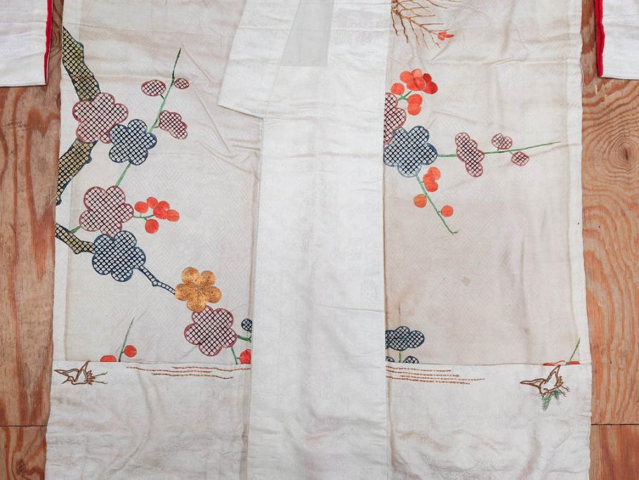 アンティーク　明治～大正期　正絹　刺繍　着物(古布、リメイク、絞り染め、金糸、衣装、和服、和装、女性、松、梅、花、鶴、ツル、鳥、シルク、日本、ジャパン、Japanese KIMONO)(R-079178)