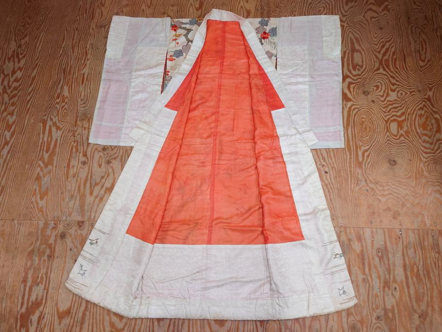 アンティーク　明治～大正期　正絹　刺繍　着物(古布、リメイク、絞り染め、金糸、衣装、和服、和装、女性、松、梅、花、鶴、ツル、鳥、シルク、日本、ジャパン、Japanese KIMONO)(R-079178)