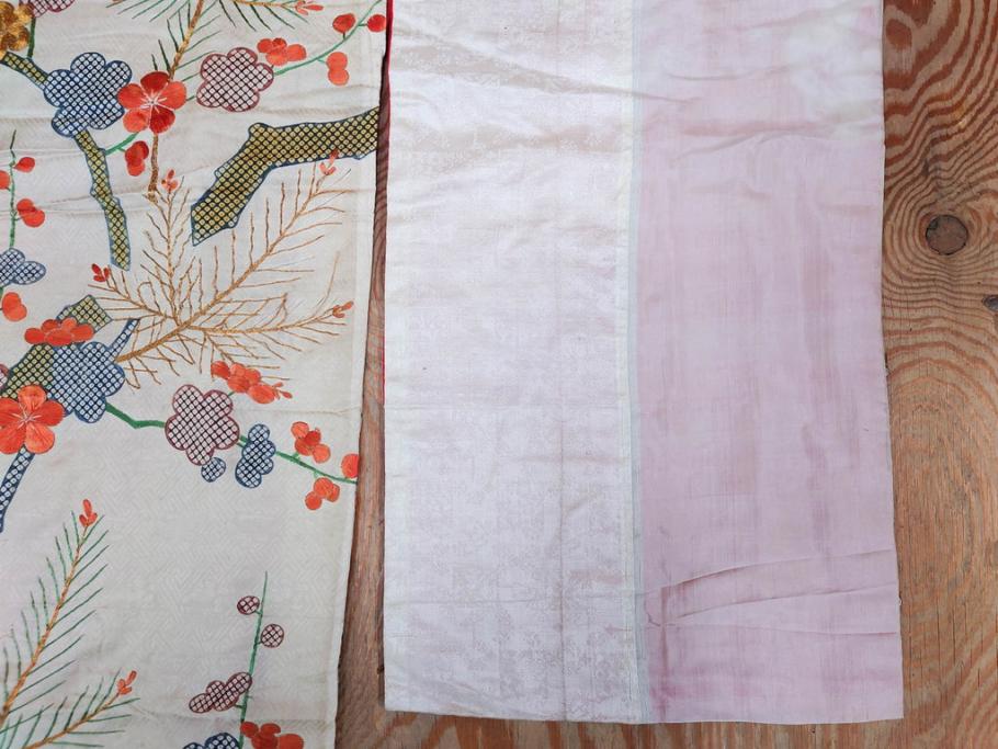 アンティーク　明治～大正期　正絹　刺繍　着物(古布、リメイク、絞り染め、金糸、衣装、和服、和装、女性、松、梅、花、鶴、ツル、鳥、シルク、日本、ジャパン、Japanese KIMONO)(R-079178)