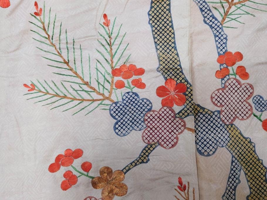 アンティーク　明治～大正期　正絹　刺繍　着物(古布、リメイク、絞り染め、金糸、衣装、和服、和装、女性、松、梅、花、鶴、ツル、鳥、シルク、日本、ジャパン、Japanese KIMONO)(R-079178)