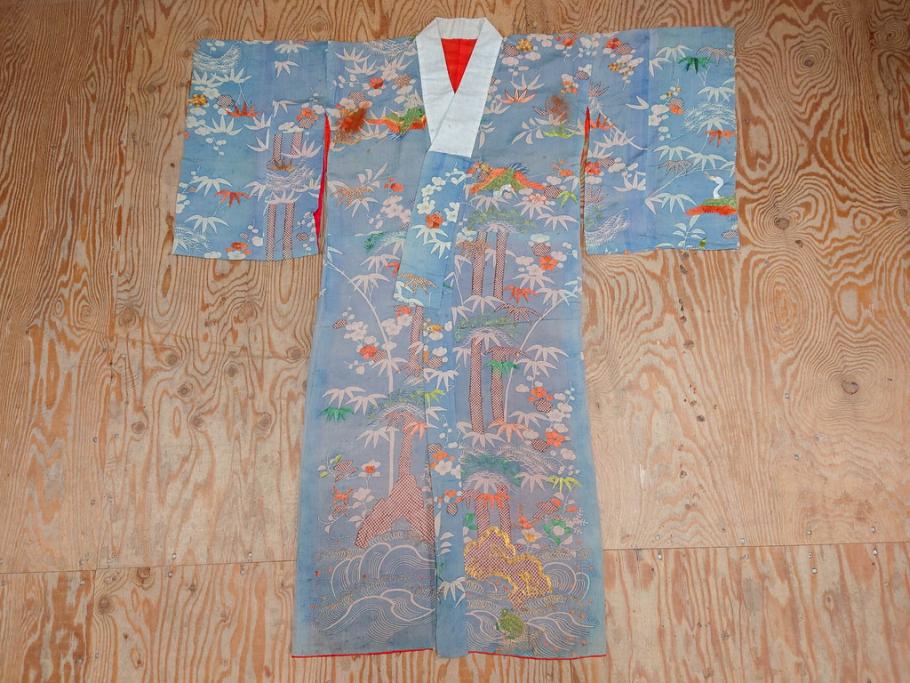 アンティーク　明治期　正絹　刺繍　縮緬　着物(古布、リメイク、絞り染め、衣装、和服、和装、女性、松竹梅、花、波、海、鶴、ツル、鳥、亀、カメ、シルク、日本、ジャパン、Japanese KIMONO)(R-079180)