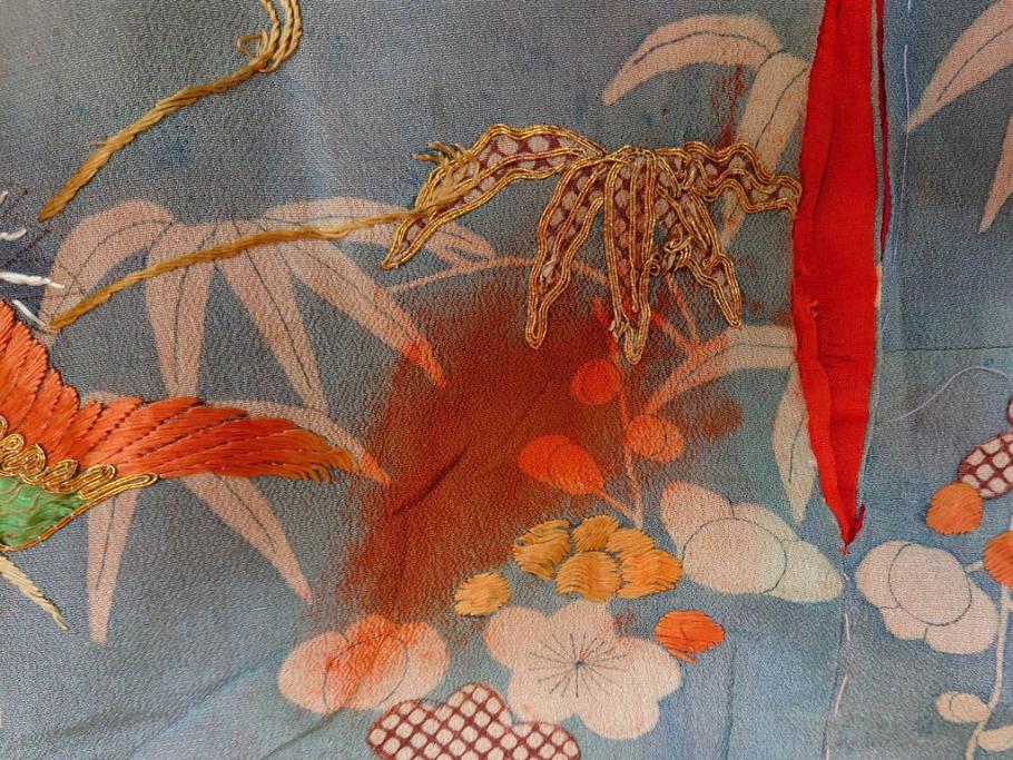 アンティーク　明治期　正絹　刺繍　縮緬　着物(古布、リメイク、絞り染め、衣装、和服、和装、女性、松竹梅、花、波、海、鶴、ツル、鳥、亀、カメ、シルク、日本、ジャパン、Japanese KIMONO)(R-079180)