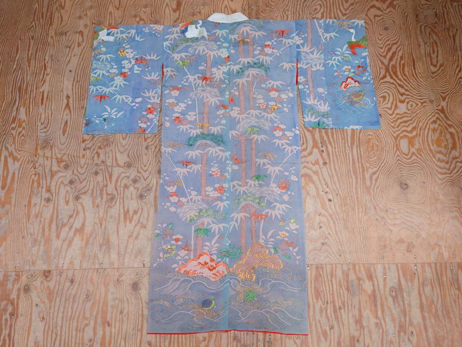 アンティーク　明治期　正絹　刺繍　縮緬　着物(古布、リメイク、絞り染め、衣装、和服、和装、女性、松竹梅、花、波、海、鶴、ツル、鳥、亀、カメ、シルク、日本、ジャパン、Japanese KIMONO)(R-079180)
