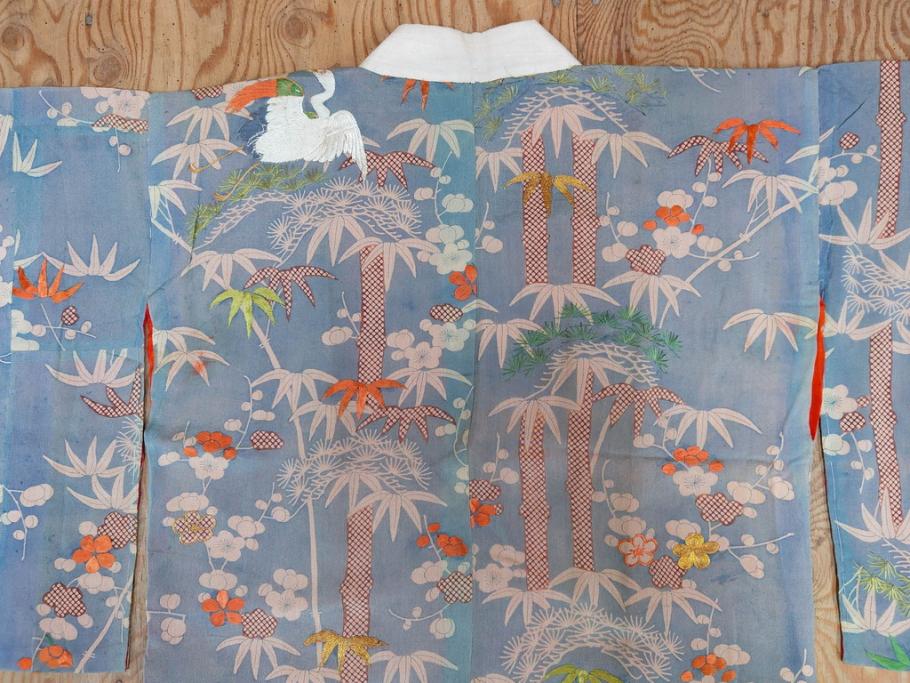 アンティーク　明治期　正絹　刺繍　縮緬　着物(古布、リメイク、絞り染め、衣装、和服、和装、女性、松竹梅、花、波、海、鶴、ツル、鳥、亀、カメ、シルク、日本、ジャパン、Japanese KIMONO)(R-079180)