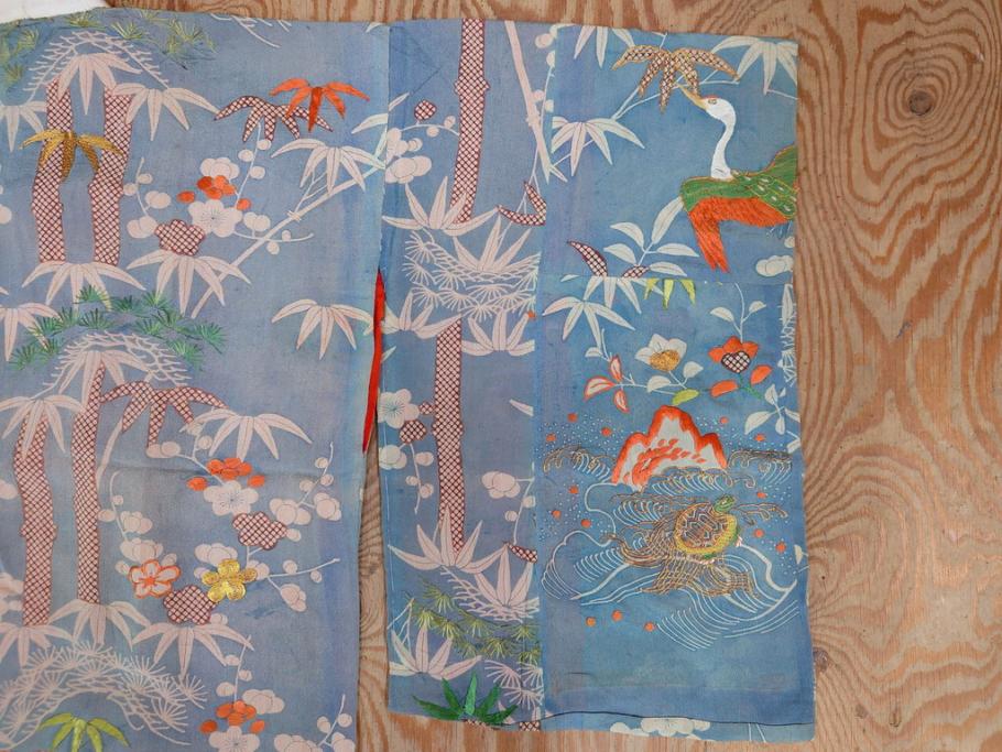 アンティーク　明治期　正絹　刺繍　縮緬　着物(古布、リメイク、絞り染め、衣装、和服、和装、女性、松竹梅、花、波、海、鶴、ツル、鳥、亀、カメ、シルク、日本、ジャパン、Japanese KIMONO)(R-079180)