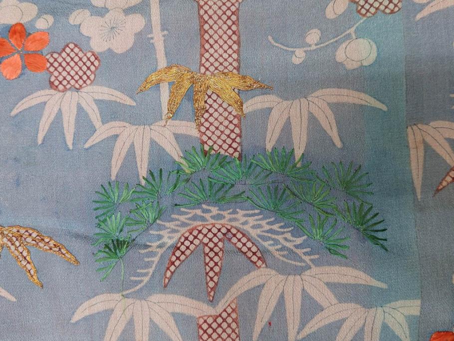 アンティーク　明治期　正絹　刺繍　縮緬　着物(古布、リメイク、絞り染め、衣装、和服、和装、女性、松竹梅、花、波、海、鶴、ツル、鳥、亀、カメ、シルク、日本、ジャパン、Japanese KIMONO)(R-079180)