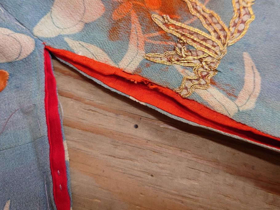 アンティーク　明治期　正絹　刺繍　縮緬　着物(古布、リメイク、絞り染め、衣装、和服、和装、女性、松竹梅、花、波、海、鶴、ツル、鳥、亀、カメ、シルク、日本、ジャパン、Japanese KIMONO)(R-079180)