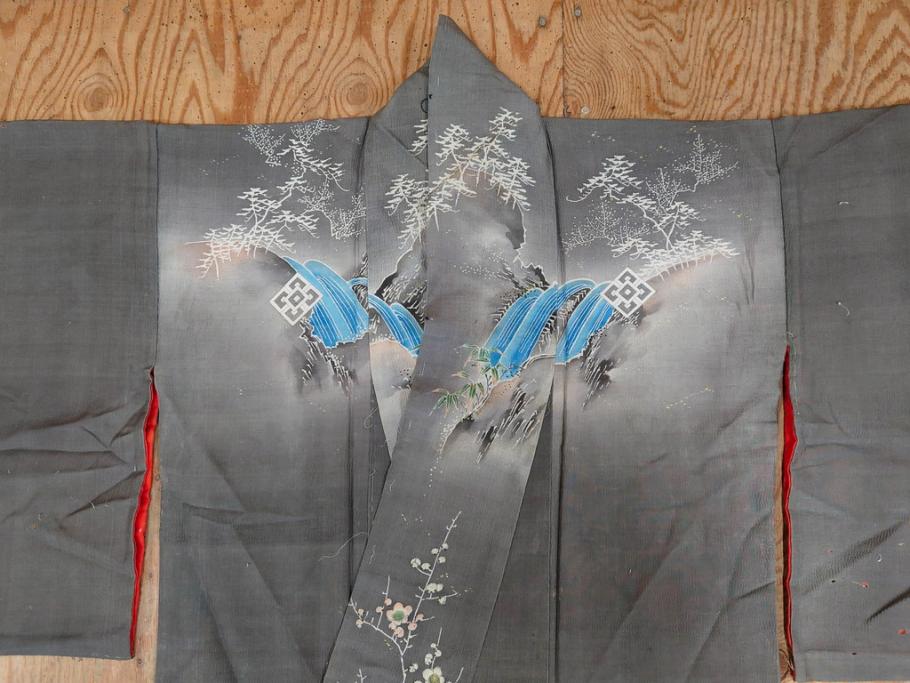 アンティーク　明治期　正絹　壁縮緬　刺繍　着物(古布、リメイク、金糸、重ね五つ目紋、家紋、衣装、和服、和装、女性、松竹梅、滝、登り鯉、魚、シルク、日本、ジャパン、Japanese KIMONO)(R-079181)