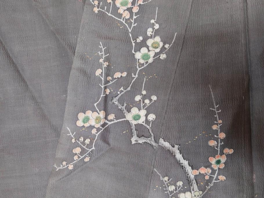 アンティーク　明治期　正絹　壁縮緬　刺繍　着物(古布、リメイク、金糸、重ね五つ目紋、家紋、衣装、和服、和装、女性、松竹梅、滝、登り鯉、魚、シルク、日本、ジャパン、Japanese KIMONO)(R-079181)