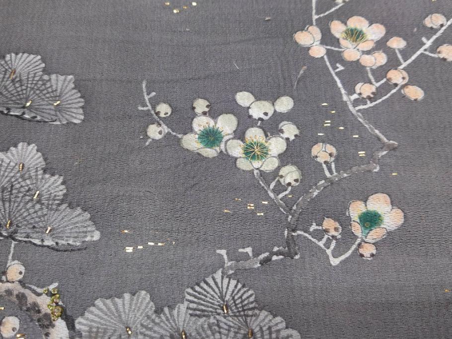 アンティーク　明治期　正絹　壁縮緬　刺繍　着物(古布、リメイク、金糸、重ね五つ目紋、家紋、衣装、和服、和装、女性、松竹梅、滝、登り鯉、魚、シルク、日本、ジャパン、Japanese KIMONO)(R-079181)