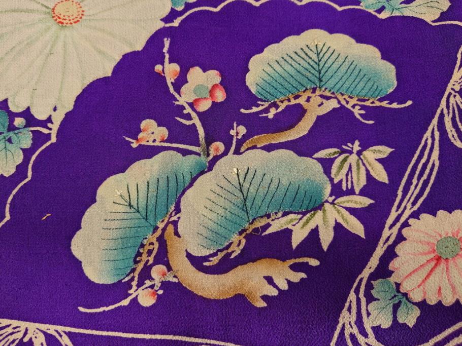 アンティーク　大正～昭和初期　正絹　縮緬　子供用着物(古布、リメイク、鷹の羽紋、家紋、菊、扇子、衣装、和服、和装、シルク、日本、ジャパン、Japanese KIMONO)(R-079183)