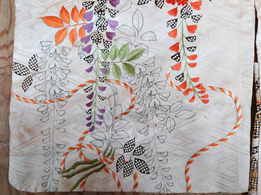 アンティーク　正絹　刺繍　羽織(古布、リメイク、菊、牡丹、竹、扇子、花しょうぶ、梅、藤、衣装、和服、和装、シルク、日本、ジャパン、Japanese KIMONO)(R-079184)