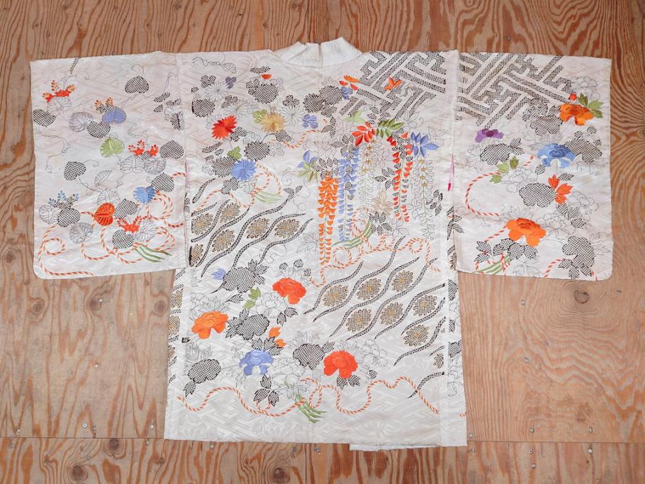 アンティーク　正絹　刺繍　羽織(古布、リメイク、菊、牡丹、竹、扇子、花しょうぶ、梅、藤、衣装、和服、和装、シルク、日本、ジャパン、Japanese KIMONO)(R-079184)