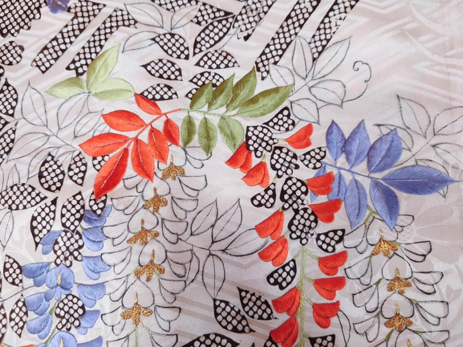 アンティーク　正絹　刺繍　羽織(古布、リメイク、菊、牡丹、竹、扇子、花しょうぶ、梅、藤、衣装、和服、和装、シルク、日本、ジャパン、Japanese KIMONO)(R-079184)